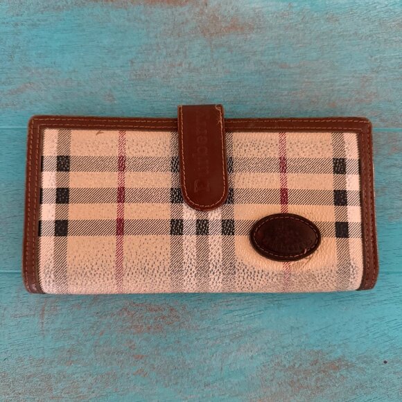 Vintage Burberrys Of London Leather Wallet With Checkered Canvas Design *Notes* - Picture 1 of 6